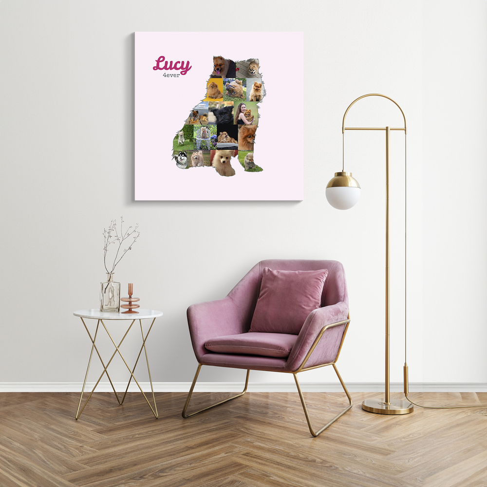 Personalized Pomeranian photo collage on pink canvas above a velvet accent chair in a living room