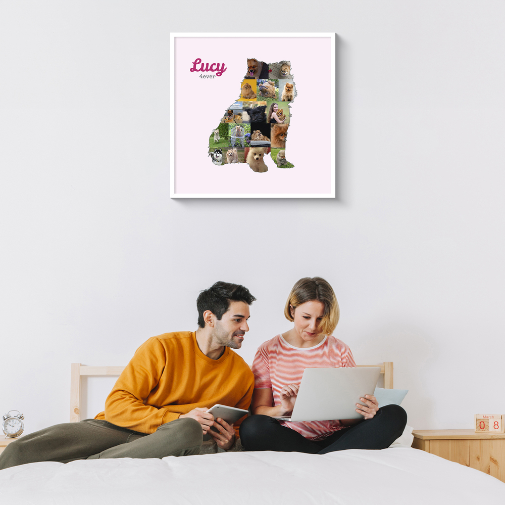Pink sitting Pomeranian photo collage with a custom name, in a white frame above a bedroom bed