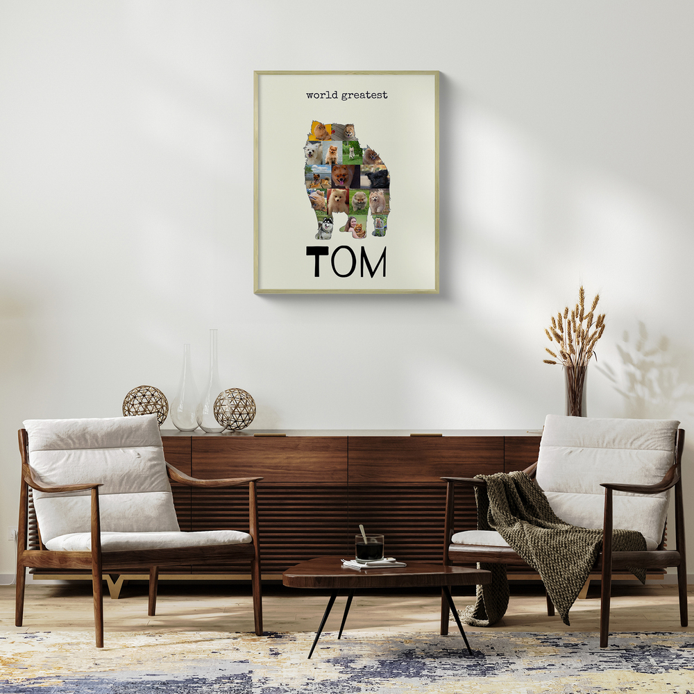 Personalized Pomeranian silhouette photo collage in a light frame above a sideboard between two armchairs