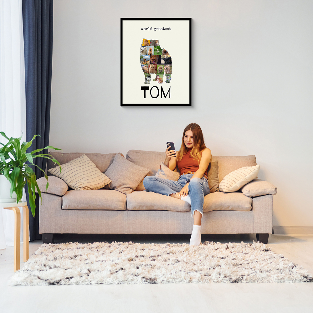 Standing Pomeranian photo collage with a custom name, in a black frame above a beige living room sofa