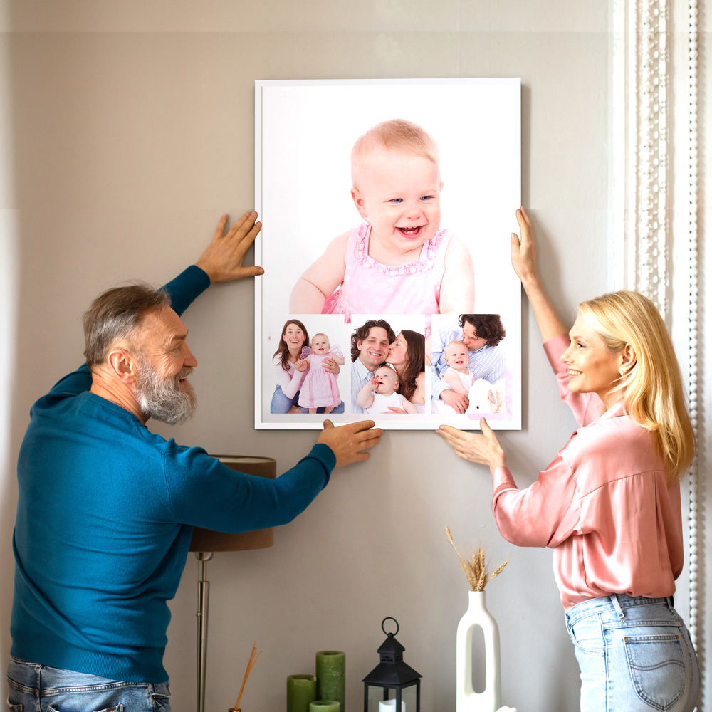 White-framed family photo collage with a child portrait on the wall, a personalized gift for grandparents