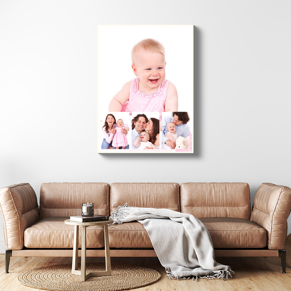 Family photo collage on canvas with a large child portrait and three photos below, hanging above a brown leather sofa