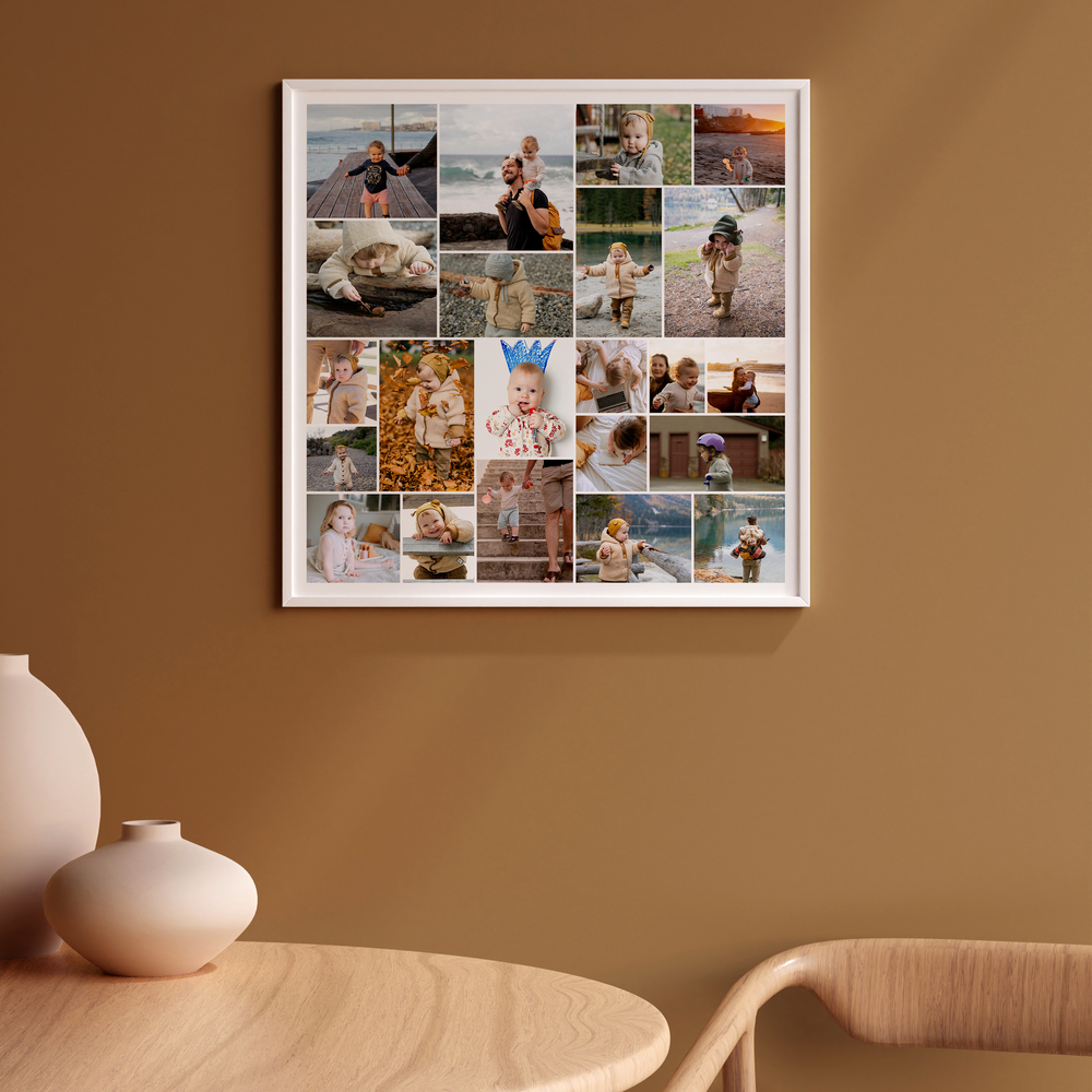 White-framed family photo poster on a brown wall above a wooden table, a thoughtful gift for grandparents