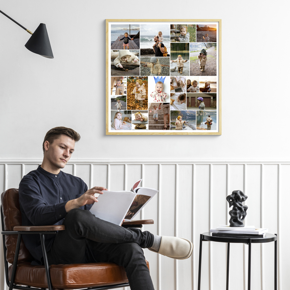 Family photo collage in a light wood frame above a leather armchair, a personalized gift idea for parents