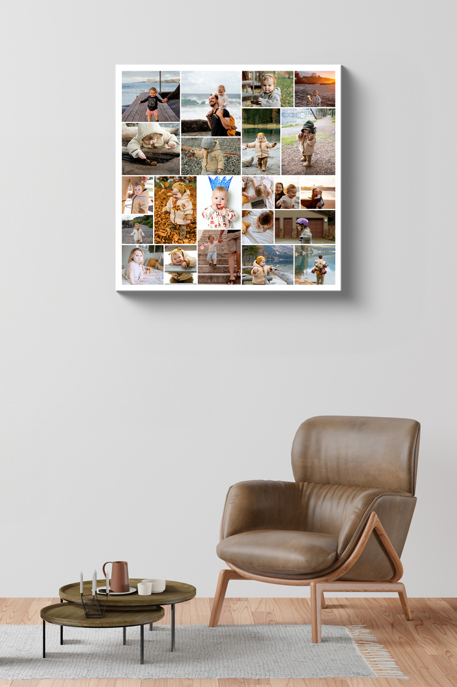 Square, unframed family photo collage poster on a gray wall above a brown leather armchair