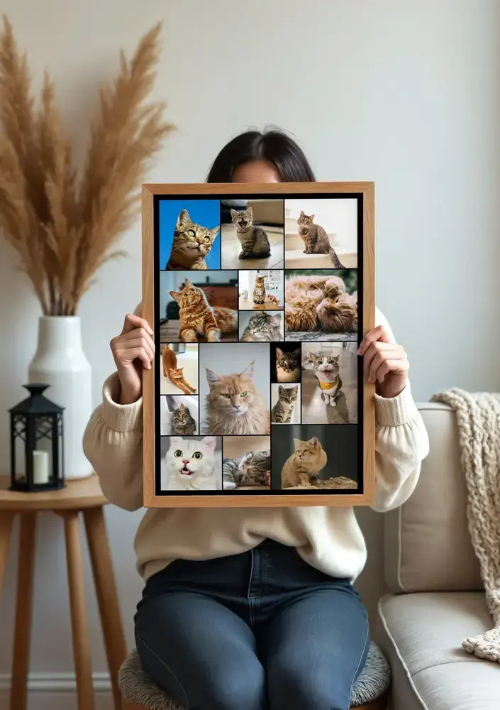 Tall wood-framed cat photo collage with mixed-size photos, displayed in a living room beside a vase of pampas grass