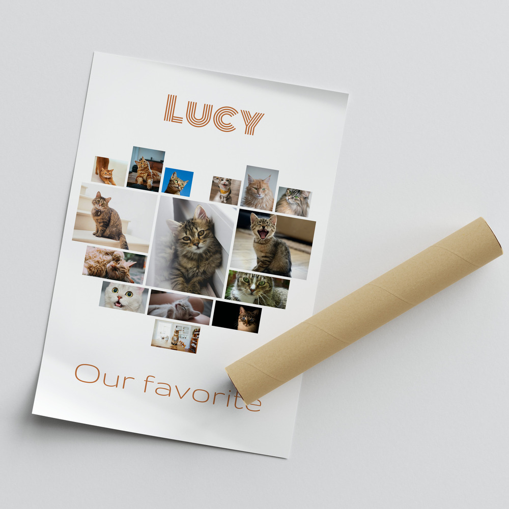 White poster with a heart-shaped cat photo collage, personalized name and message, beside a cardboard mailing tube