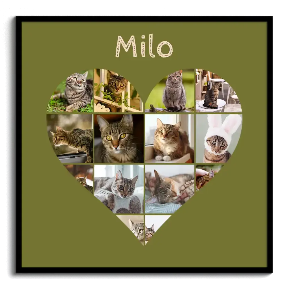 Heart-shaped cat photo collage with a personalized name on an olive-green background in a black frame