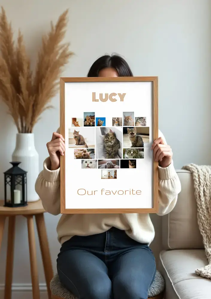 Heart-shaped cat photo collage with a custom name and message, displayed in a natural wood frame in a living room