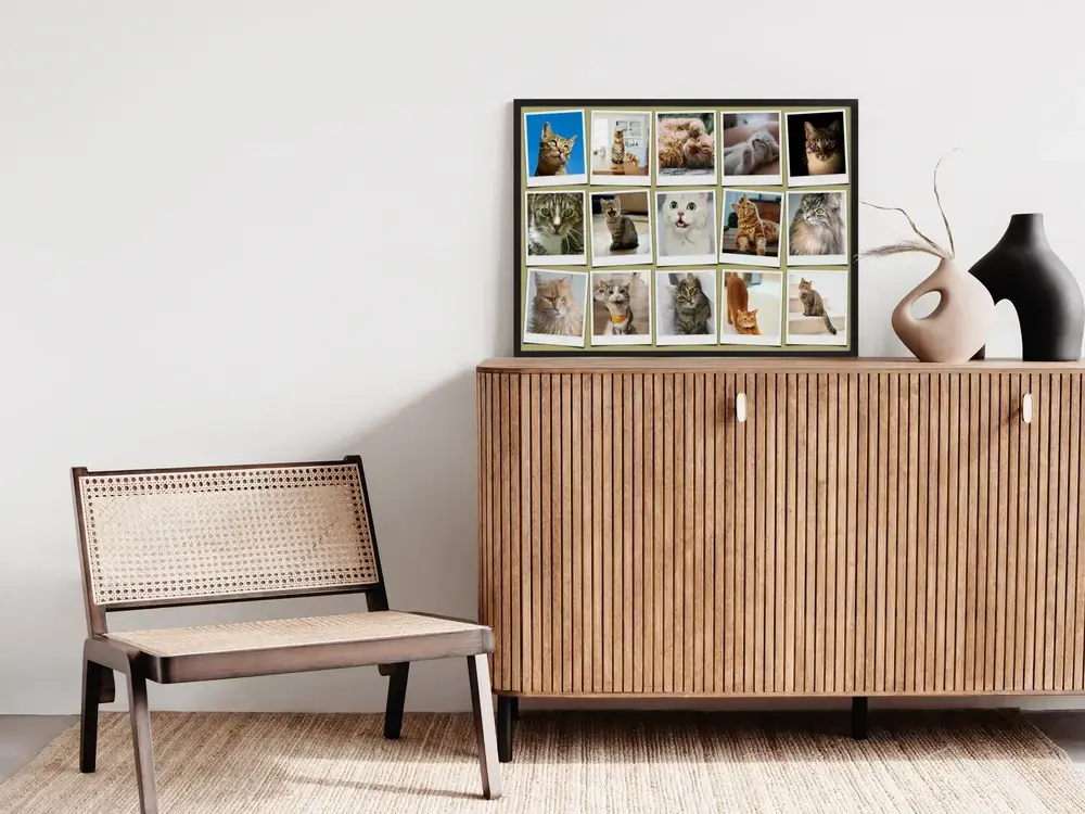 Black-framed collage of 15 Polaroid-style cat photos on olive green, displayed on a wooden sideboard
