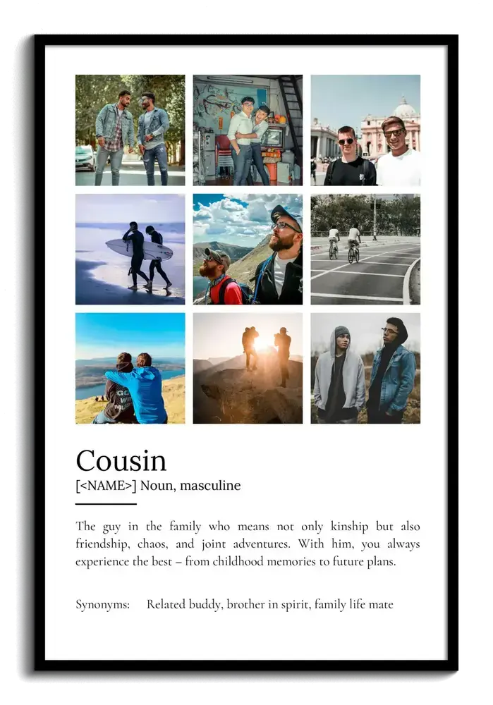 Personalized cousin definition poster with a nine-photo grid and dictionary-style text in a black frame