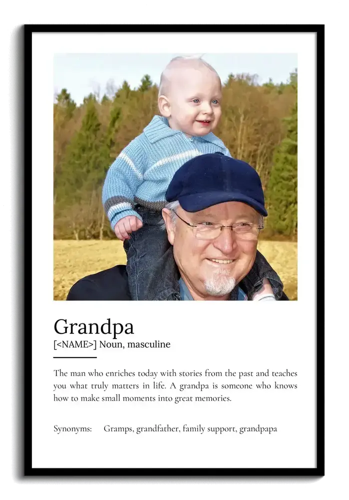 Black-framed grandpa definition poster with a rectangular photo of a grandfather carrying a child on his shoulders