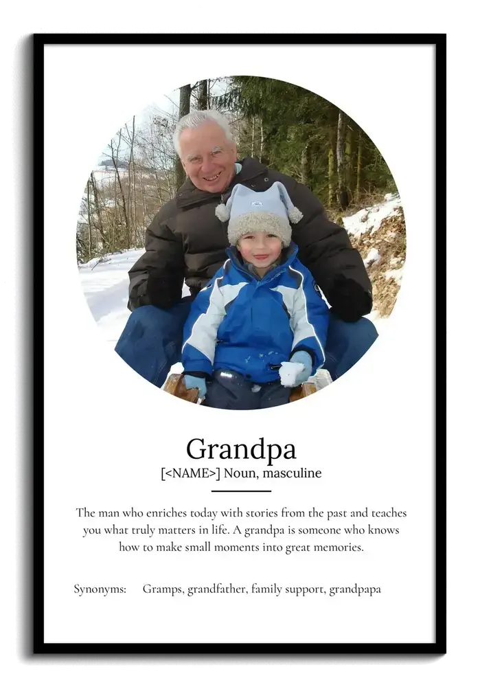 Grandpa definition poster in a black frame with a round photo of a grandfather and grandchildren in the snow