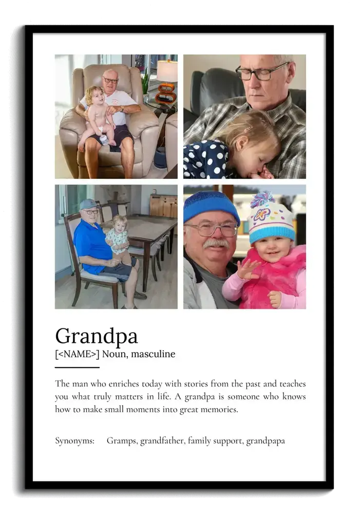 Black-framed grandpa definition poster with four family photos in a grid above dictionary-style text