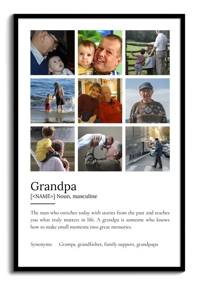 Grandpa definition poster in a black frame with nine family photos arranged above text on a white background