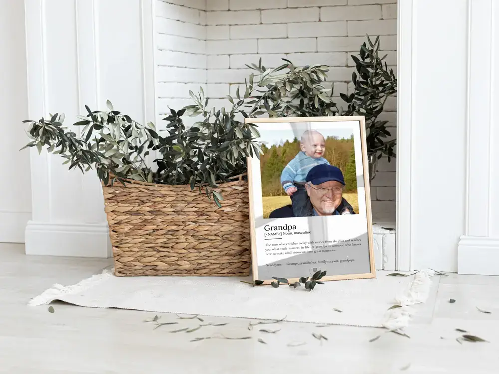 Personalized grandpa photo definition print in a wood frame beside a woven planter, a heartfelt gift for Grandpa