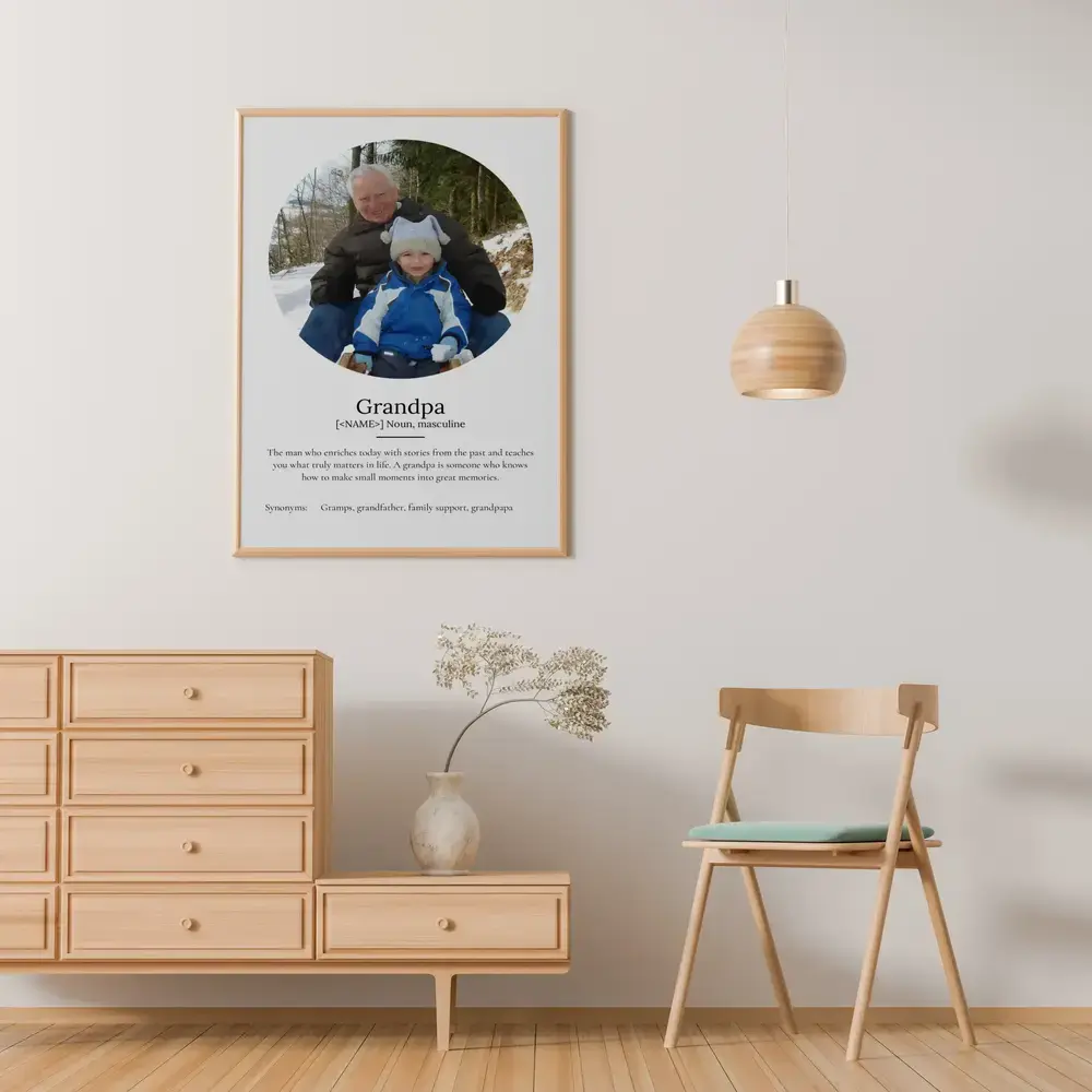 Grandpa definition print with a round photo above a wooden dresser, a personalized gift from the grandkids