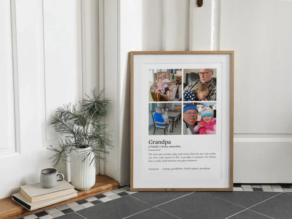 Four-photo grandpa definition poster in a wood frame on a tiled floor, a birthday gift idea for Grandpa