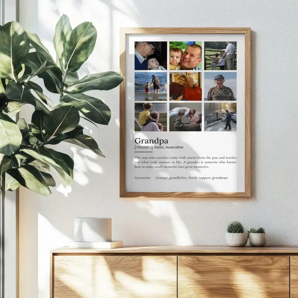 Wood-framed grandpa definition collage with nine photos above a sideboard, a thoughtful Father's Day gift
