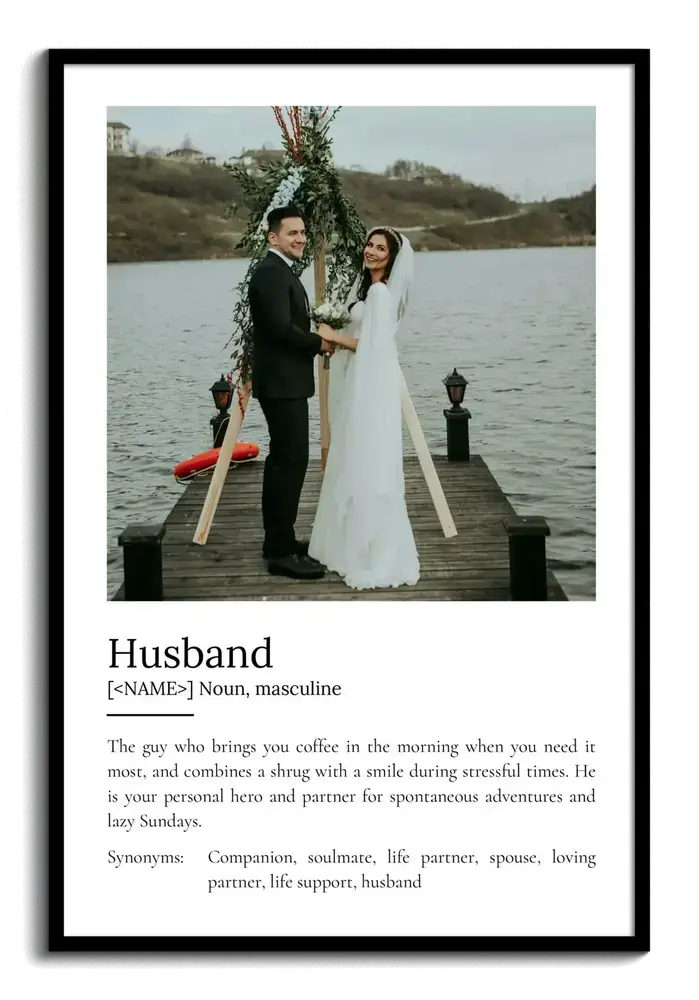 Husband definition poster with a lakeside wedding photo in a black frame, a personalized wedding gift
