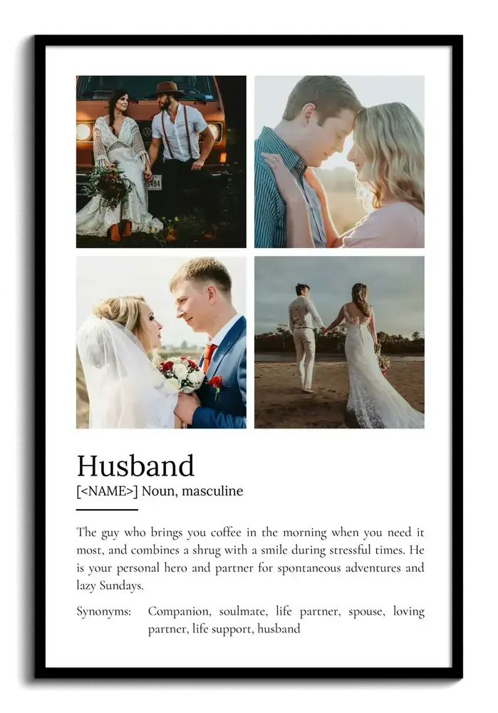 Black-framed husband definition poster with four couple photos, a thoughtful birthday gift for a husband