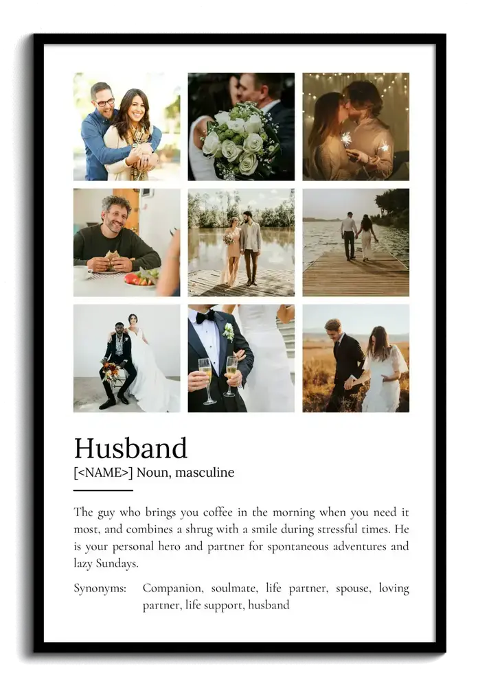 Husband definition poster with nine couple photos in a black frame, a keepsake gift for Valentine's Day