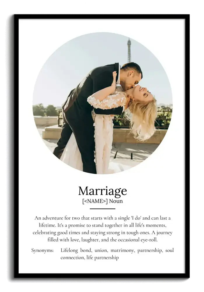 Black-framed marriage definition poster with a round wedding photo, a personalized gift for newlyweds