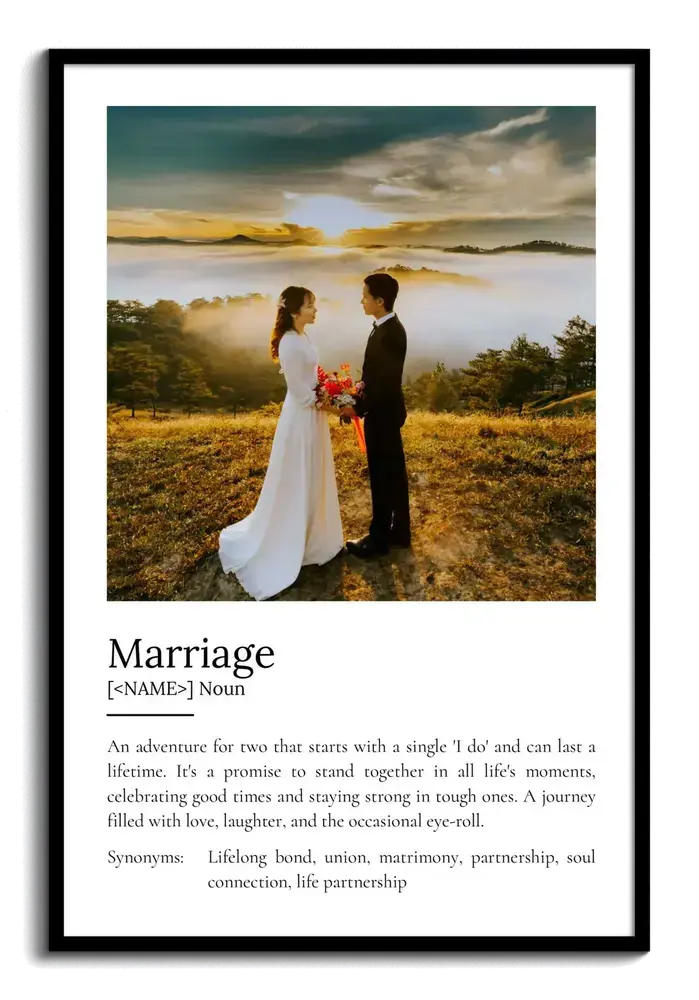 Marriage definition poster with a sunset wedding portrait in a black frame, a keepsake wedding gift
