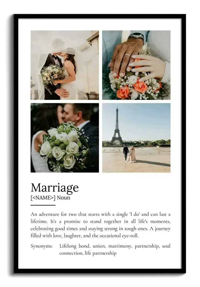 Black-framed marriage definition poster with four wedding photos, a personal anniversary gift