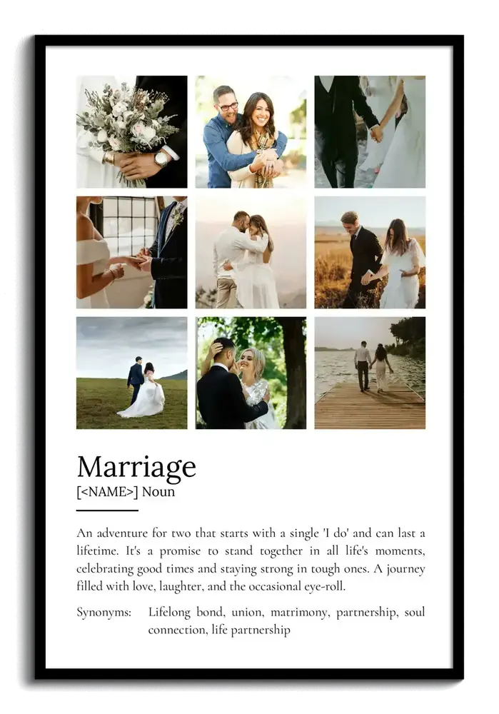 Nine-photo wedding collage above a marriage definition in a black frame, a thoughtful gift for the couple