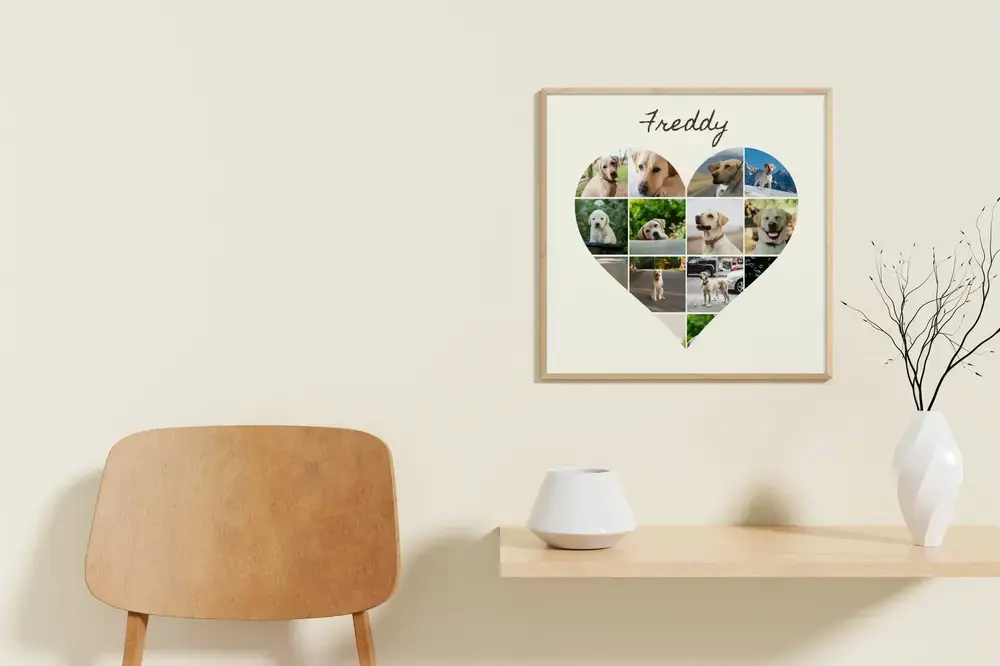 Heart-shaped Labrador photo collage with a name in a wood frame, hung above a shelf beside a wooden chair
