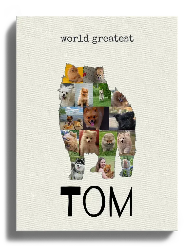 Canvas photo collage in a standing Pomeranian silhouette, with a custom name and text on a light background