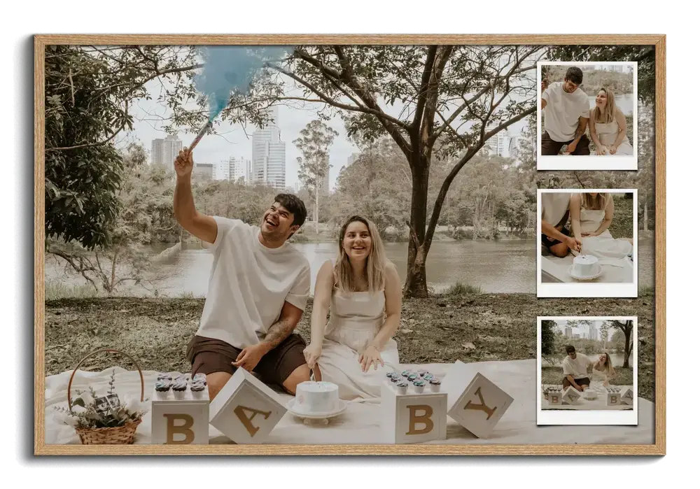 Gender reveal photo collage in a wood frame with a large garden photo and three small Polaroid-style photos