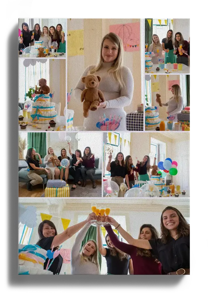 Portrait baby shower photo collage on canvas with a baby bump, diaper cake and friends raising a toast