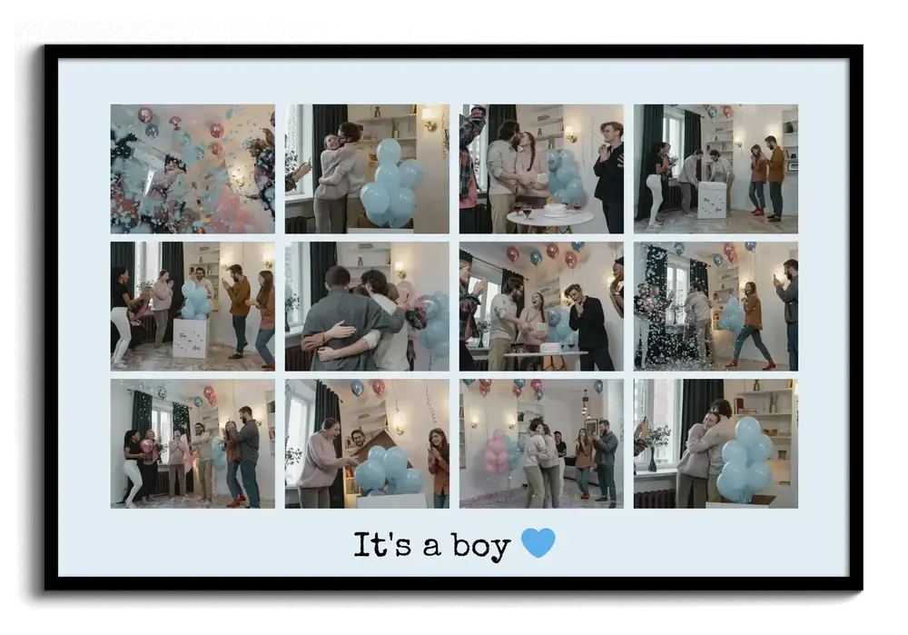 Baby shower photo collage in a black frame with a 12-photo grid, blue balloons and text on a light blue background