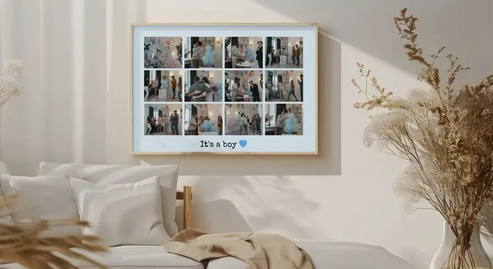 Framed baby shower collage with twelve photos on light blue above a sofa, a keepsake gift for parents-to-be