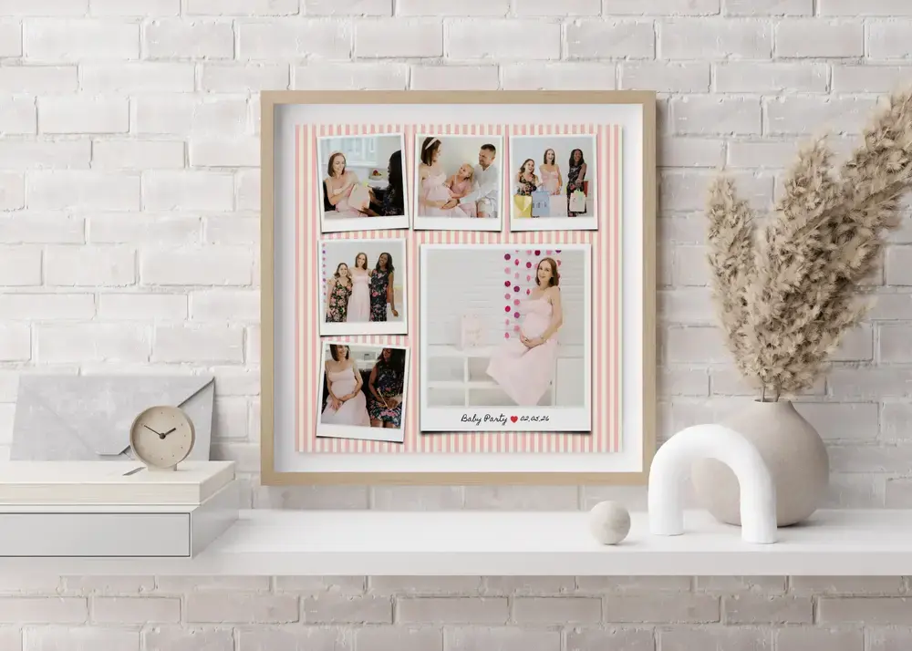 Framed baby shower photo collage with pink stripes on a white brick wall, a gift for the mom-to-be