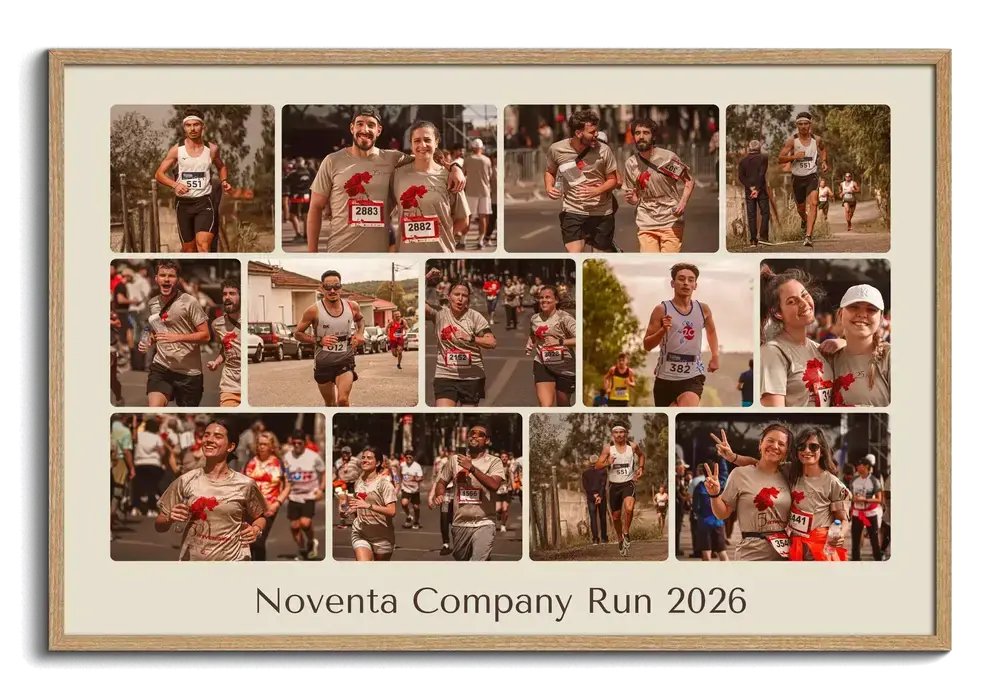 Corporate run photo collage in a natural wood frame with custom event text, a gift for coworkers
