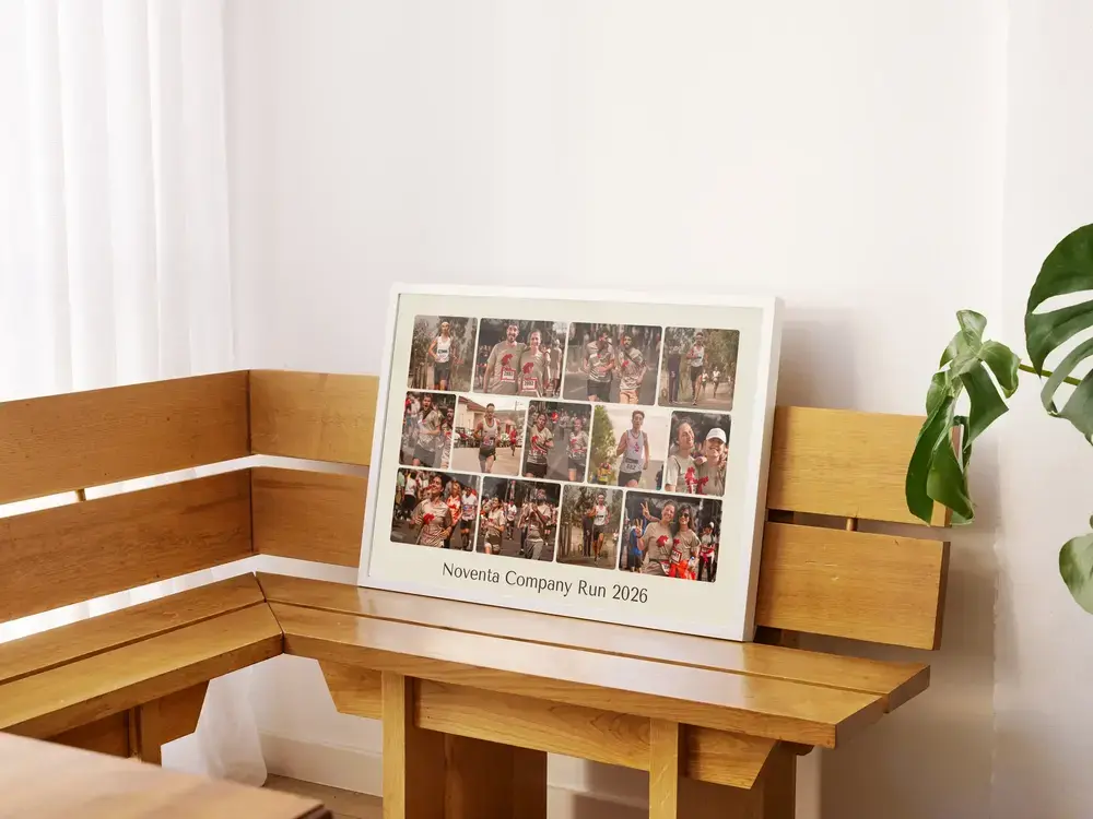 Company run photo collage with a grid of team photos and custom event text, in a white frame on a wooden bench
