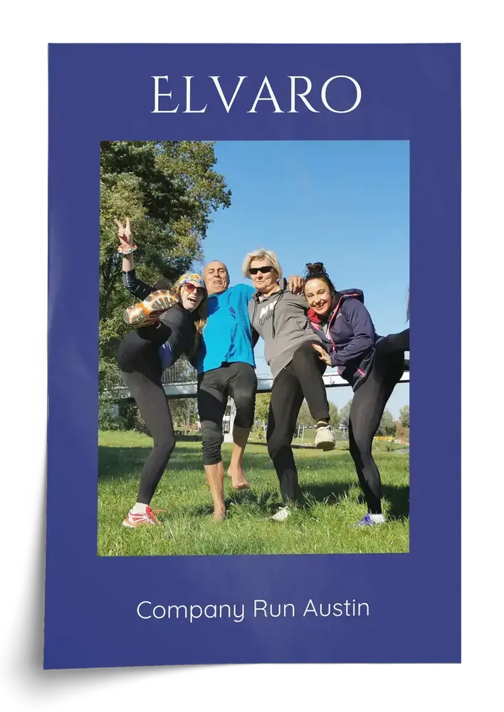 Personalized company run poster with a team photo and event name on a dark blue background, a gift for coworkers