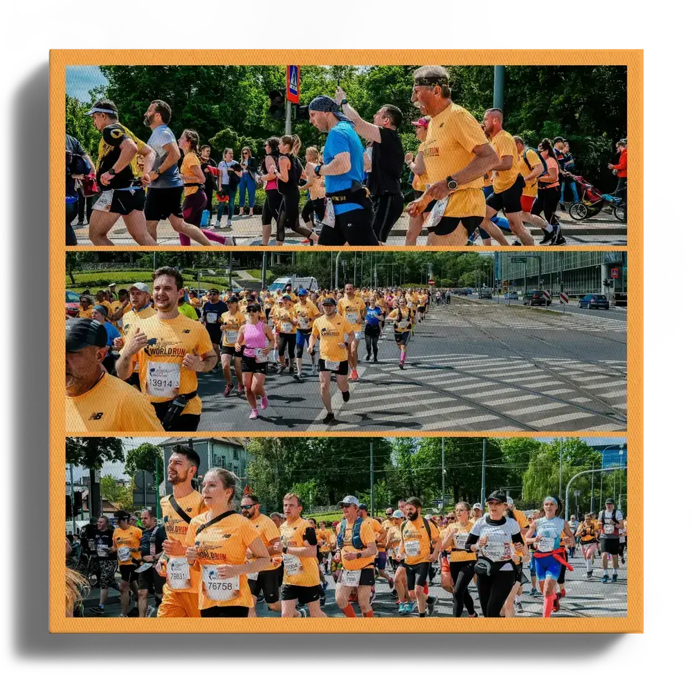 Corporate run photo collage on canvas with three panoramic photos and an orange border, a gift for the team