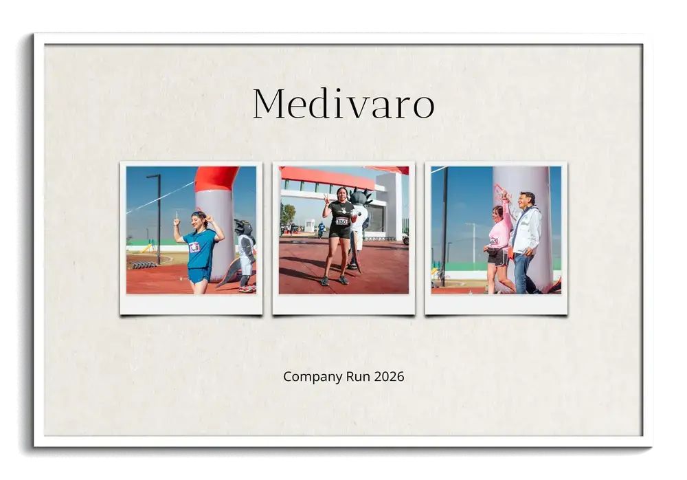 Corporate run photo collage with three Polaroid-style photos and company text in a white frame, a gift for coworkers