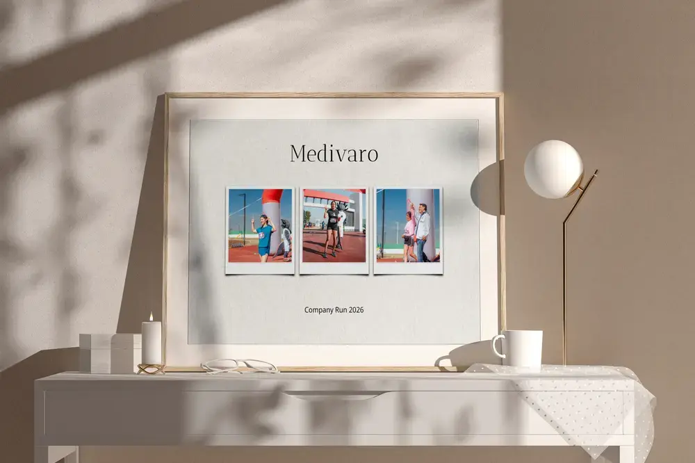 Company run photo collage with three Polaroid-style prints, framed on a sideboard as a gift for coworkers