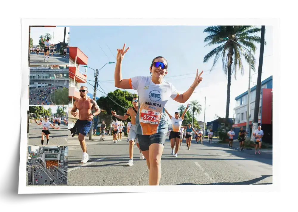 Marathon photo collage poster with one large running photo, four small race photos on the left and a white border