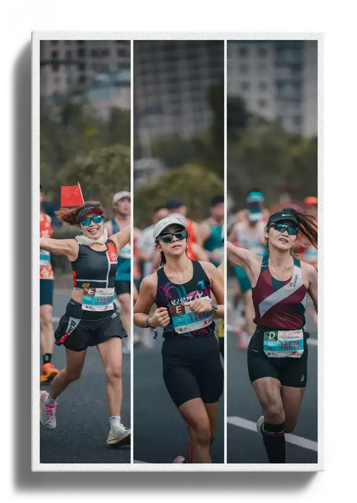 Portrait-format marathon photo collage on canvas, featuring three women runners in narrow vertical panels