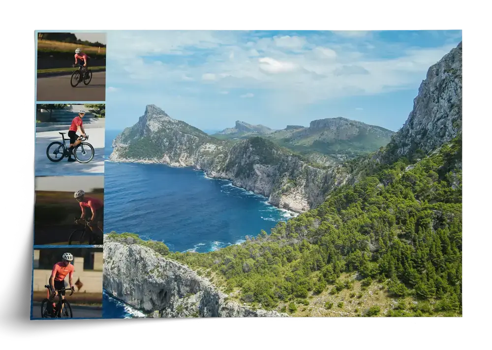 Landscape road cycling collage poster with a large coastal panorama and four small cycling photos down the left
