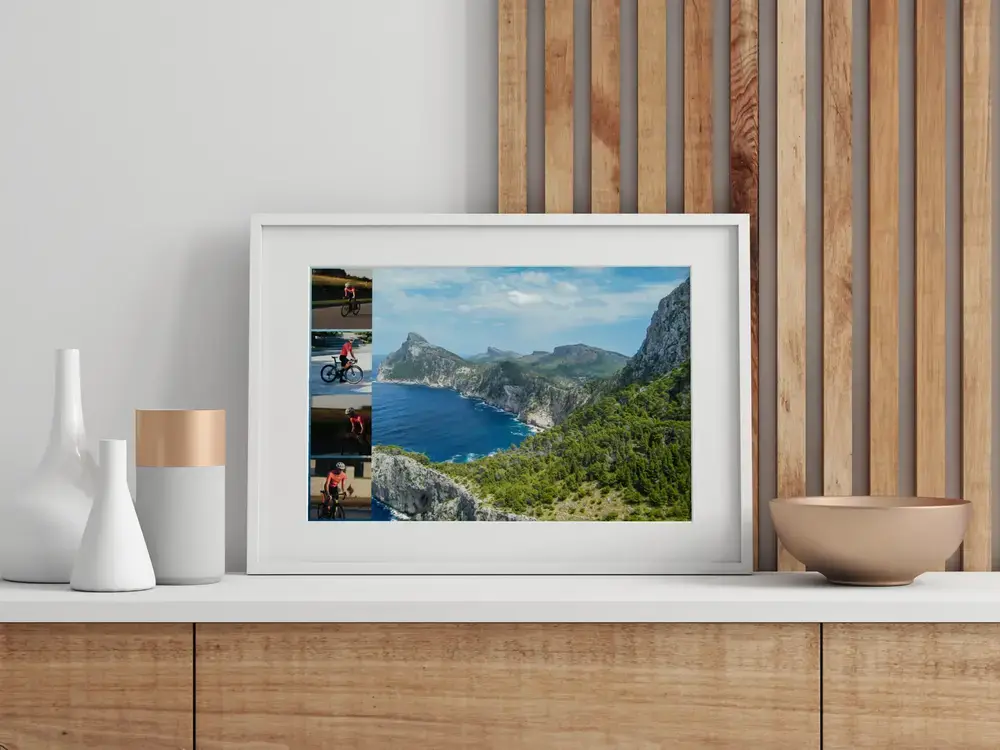 Coastal cycling collage in a white frame on a sideboard, a keepsake gift from a bike trip