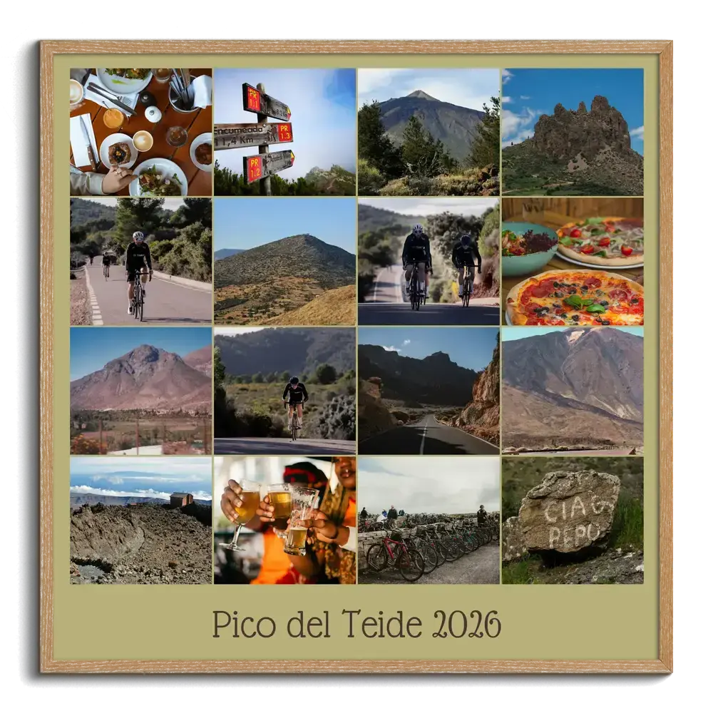 Wood-framed cycling photo collage with a 16-photo grid of mountains and ride breaks, plus a tour caption and year
