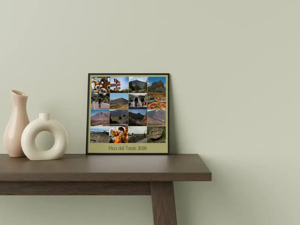 Framed cycling photo grid with a tour caption on a wooden table beside vases, a personalized gift for cycling fans