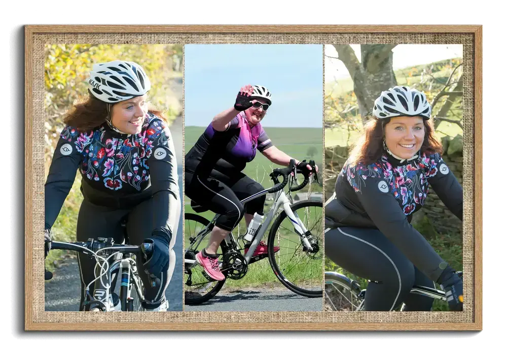 Landscape cycling photo collage in a natural wood frame, with three vertical photos of a female cyclist side by side